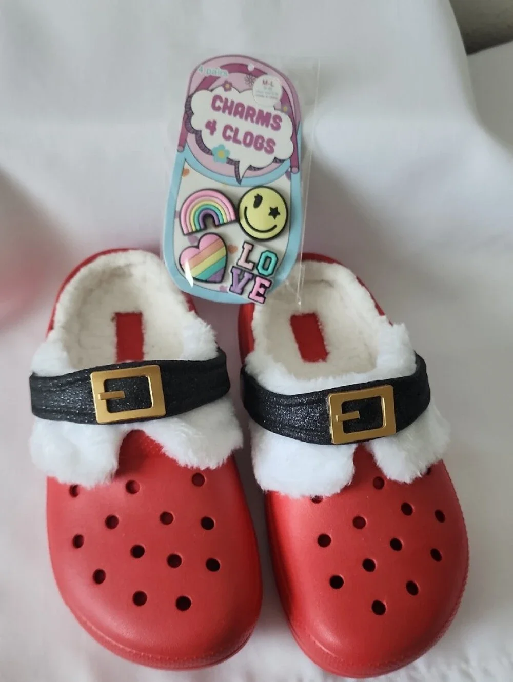 CROCS Kids Red Faux-Fur Lined Clogs with Black Strap